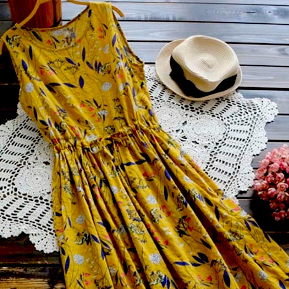 🎉🥳HP🥳🎉Golden Floral Drawstring Tank Dress - Picture 1 of 7